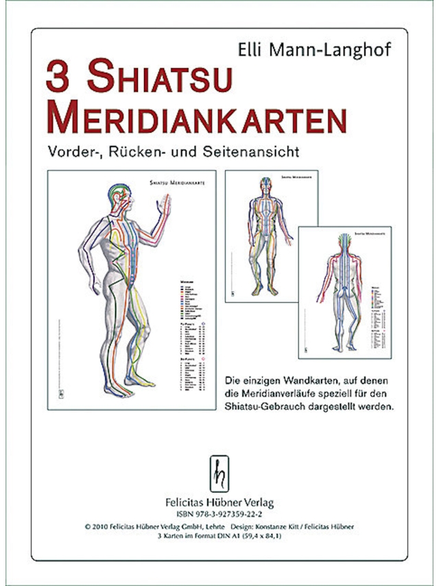 Drei Shiatsu Meridiankarten. Vorder-, Rücken- und Seitenansicht